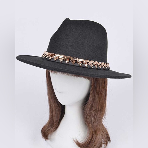 Chunky Chain Accent Faux Wool Felt Fedora - Picture 1 of 7